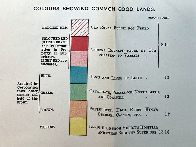 Colour key from old map showing colours for different types of land ownership in Edinburgh