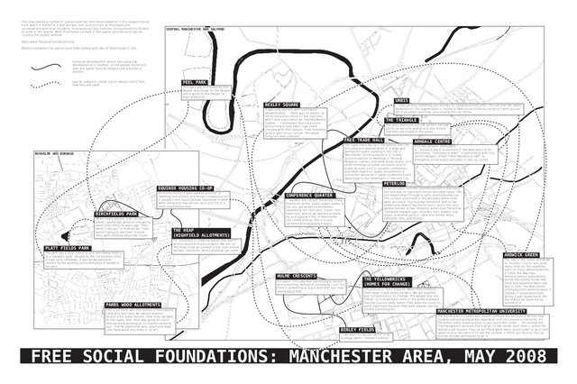 Black and white map of Manchester overlain with boxes containing quotations from interviews.