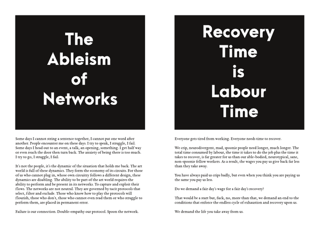 Picture of a horizontal white page with two large black squares placed horizontally across the top half. Inside the left-hand square are the words The Ableism of Networks in white letters. Inside the right-hand square are the words Recovery Time is Labour Time in white letters. On the white area of the page below each square is a block of text in smaller black letters.